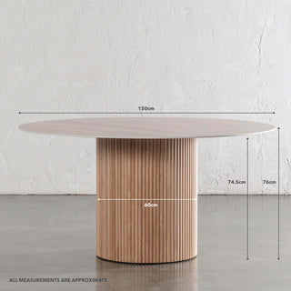 VITOLO ROUND PILLAR DINING TABLE  |  BIRCH ASH  |  TRAVERTINE TUMBLED BEIGE TOP  |  150CM
