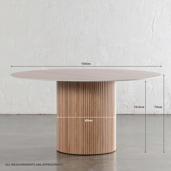 VITOLO ROUND PILLAR DINING TABLE  |  BIRCH ASH  |  TRAVERTINE TUMBLED BEIGE TOP  |  150CM