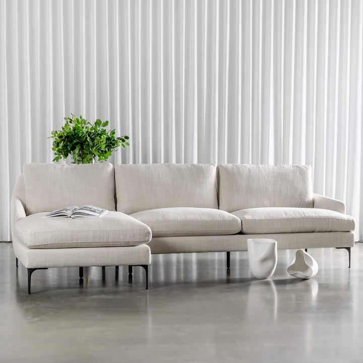 VITTORIA MODULAR SOFA LOUNGE  |  CHALKSTONE WEAVE | STYLED WITH CURTAIN