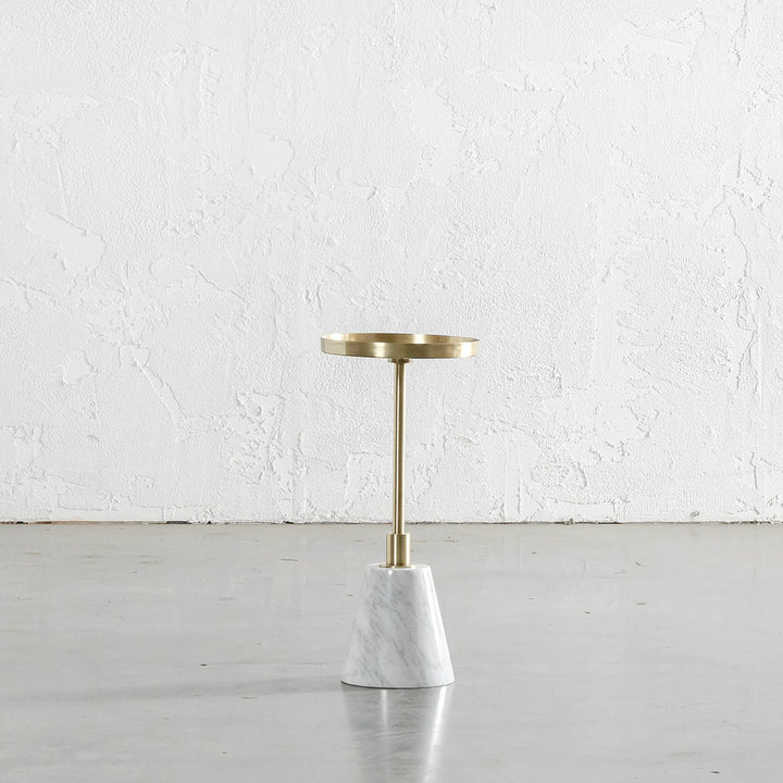 VALENTA BRUSHED STAINLESS STEEL + CARRARA MARBLE SIDE TABLE | D25CM