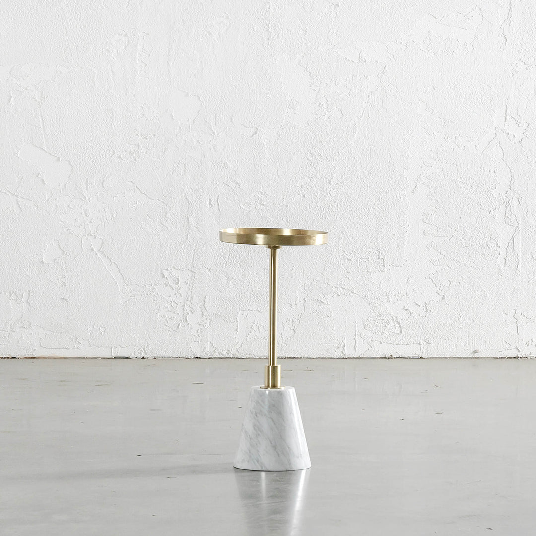 VALENTA BRUSHED STAINLESS STEEL + CARRARA MARBLE SIDE TABLE  |  D25CM