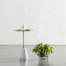 VALENTA BRUSHED STAINLESS STEEL + CARRARA MARBLE SIDE TABLE | D40CM