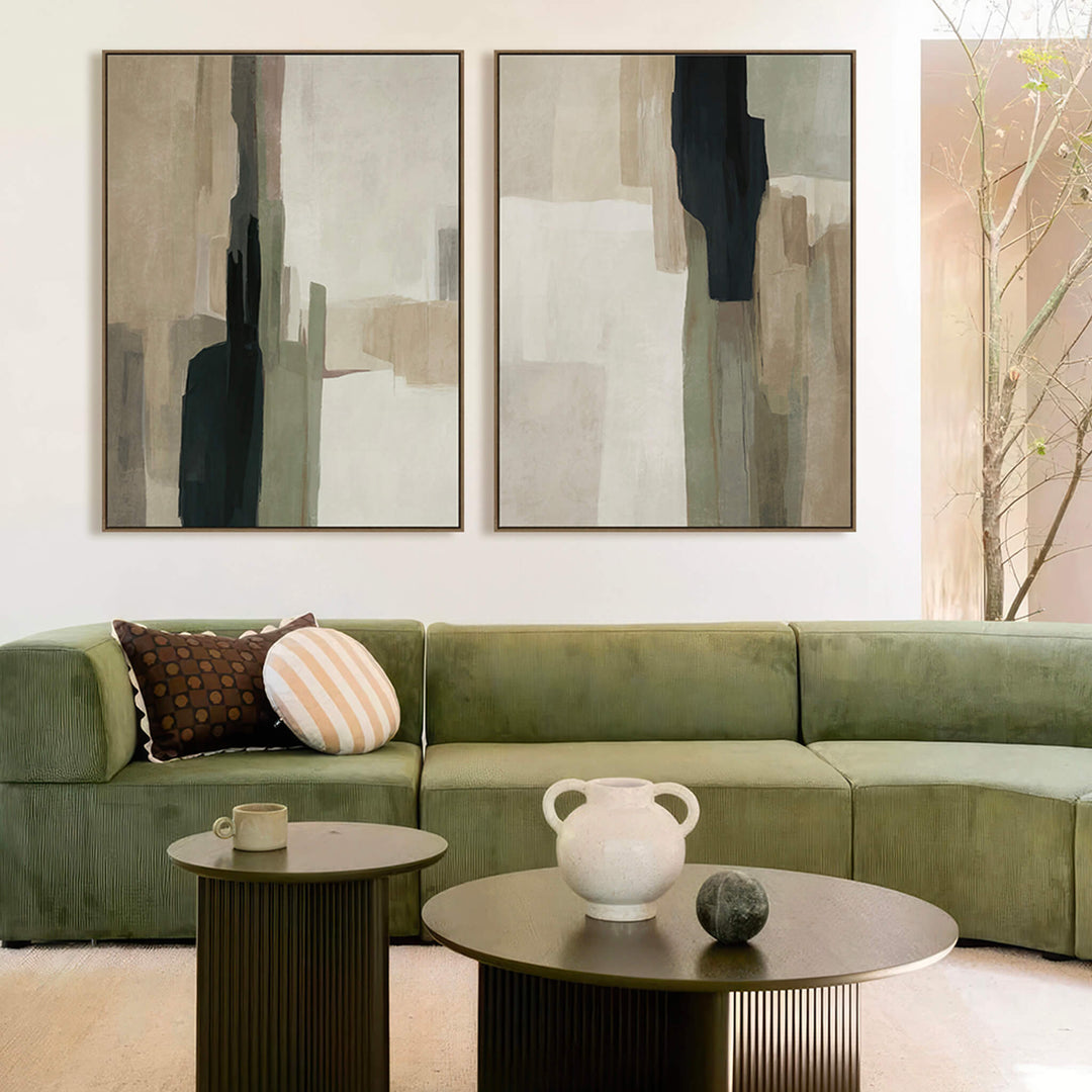 VARENNA FRAMED CANVAS PRINT |  SET OF 2  |  90 X 120CM  |  SAGE + OLIVE + WARM STONE  |  OAK NATURAL FRAME