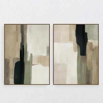 VARENNA FRAMED CANVAS PRINT |  SET OF 2  |  90 X 120CM  |  SAGE + OLIVE + WARM STONE  |  OAK NATURAL FRAME