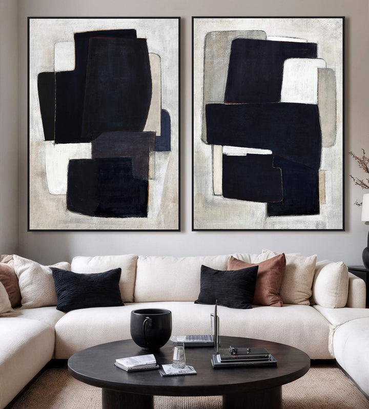 LBD EXCLUSIVE  |  VENARIA FRAMED CANVAS PRINT  |  SET OF 2  |  100 X 140CM  |  MIDNIGHT INK + CHARCOAL + TAUPE  |  BLACK FRAME