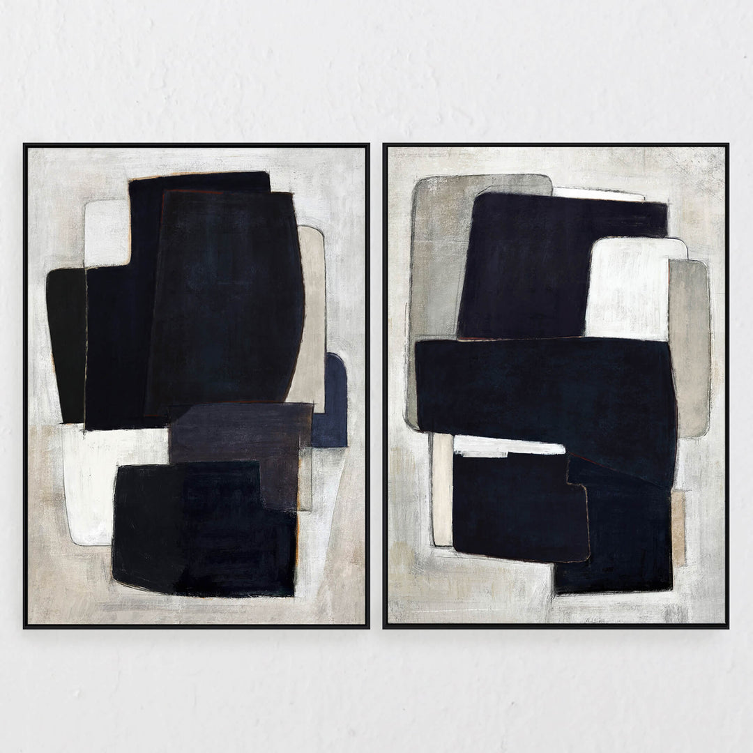 LBD EXCLUSIVE  |  VENARIA FRAMED CANVAS PRINT  |  SET OF 2  |  100 X 140CM  |  MIDNIGHT INK + CHARCOAL + TAUPE  |  BLACK FRAME
