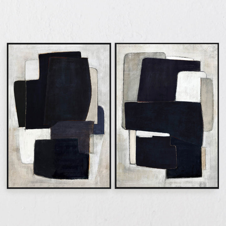 LBD EXCLUSIVE  |  VENARIA FRAMED CANVAS PRINT  |  SET OF 2  |  100 X 140CM  |  MIDNIGHT INK + CHARCOAL + TAUPE  |  BLACK FRAME