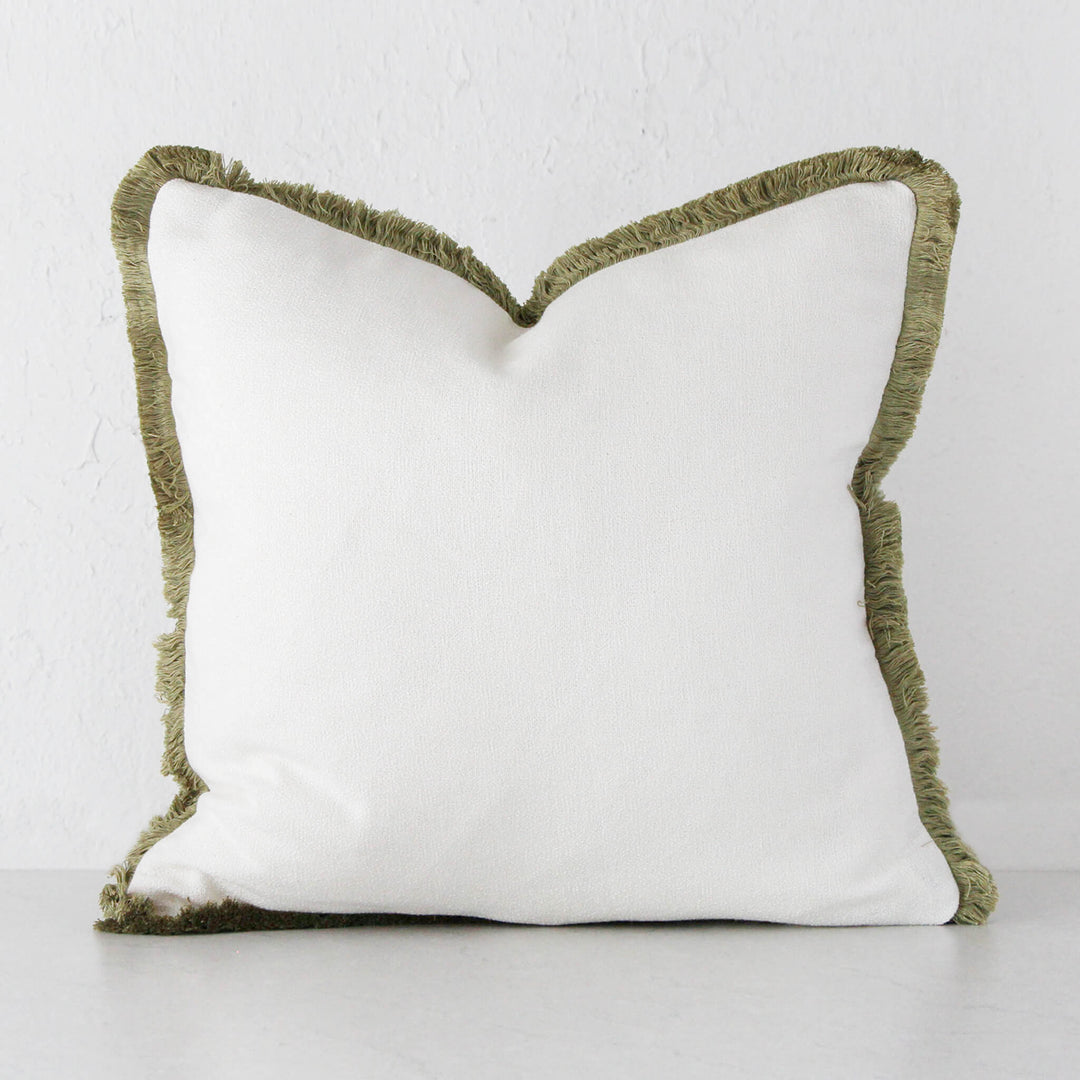 VERA FRINGE CUSHION | 50 x 50 | CLASSIC WHITE + GREEN FRINGE