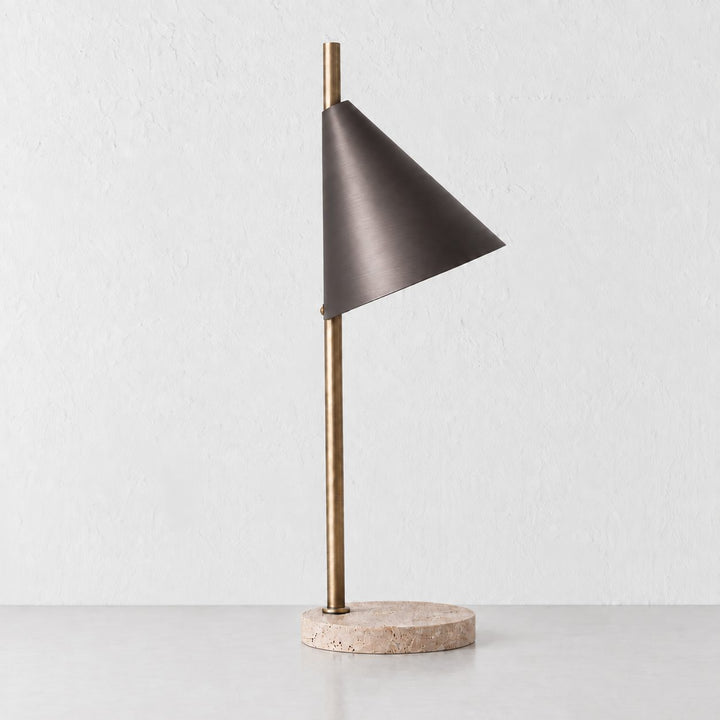 WEXFORD TABLE LAMP  | 56CM  |  TRAVERTINE + DARK BRASS SHADE
