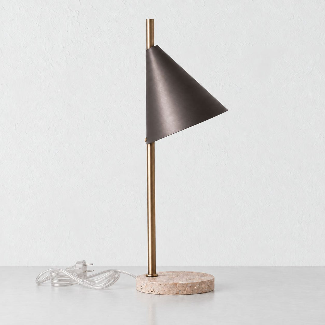 WEXFORD TABLE LAMP  | 56CM  |  TRAVERTINE + DARK BRASS SHADE