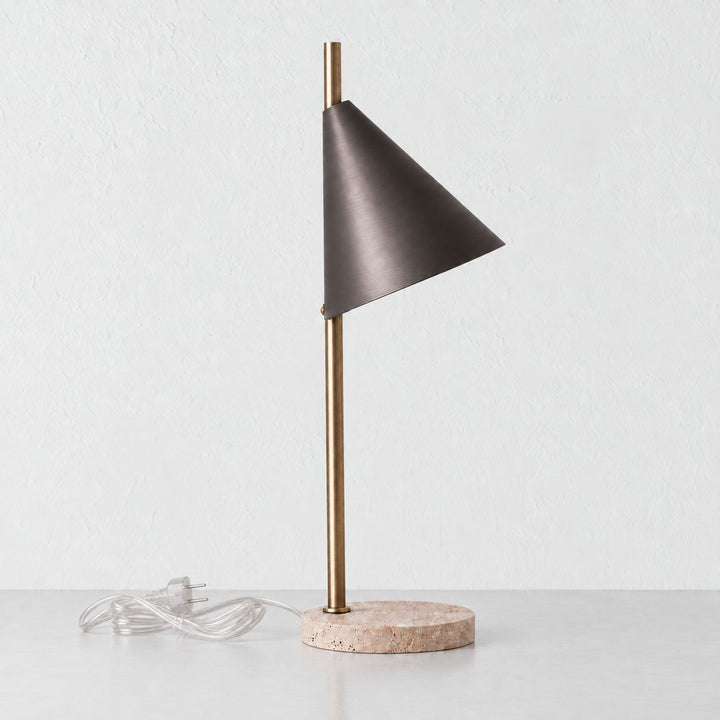 WEXFORD TABLE LAMP  | 56CM  |  TRAVERTINE + DARK BRASS SHADE