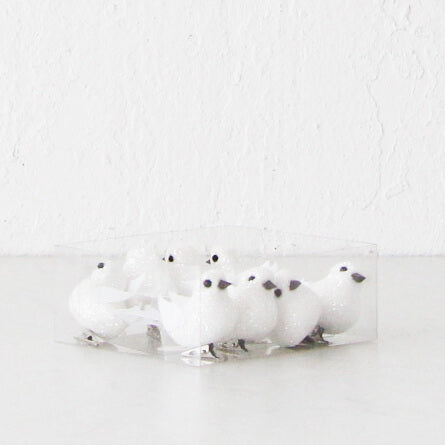 WHITE BIRD CLIP DECORATION  |  SET OF 8  |  WHITE GLITTER