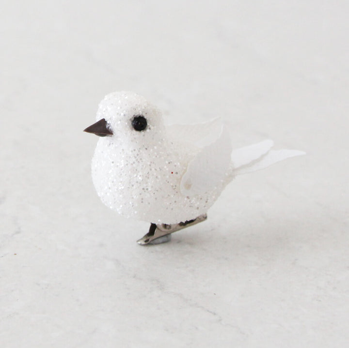 WHITE BIRD CLIP DECORATION  |  CLOSE UP |  WHITE GLITTER