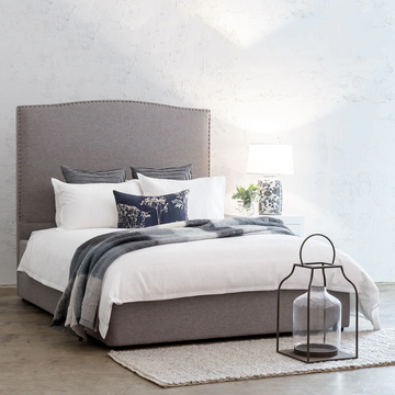 AVALON BED WITH STUDDED CURVE FRAME  |  GREY LINEN