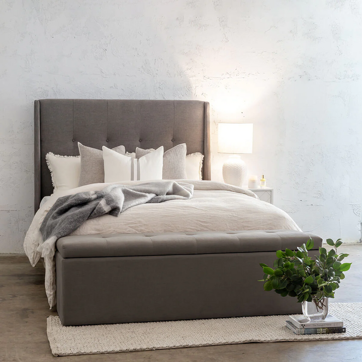 BAIRSTOW BUTTON BACK BED HEAD | SMOKE GREY LINEN