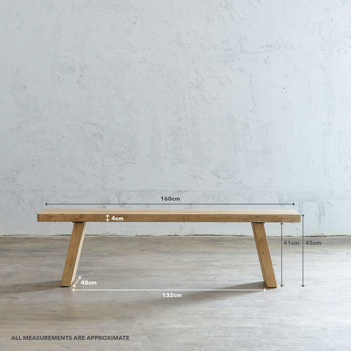 CAPRETTA ELM BENCH WITH MEASUREMENTS |  BLEACHED BRISTLE