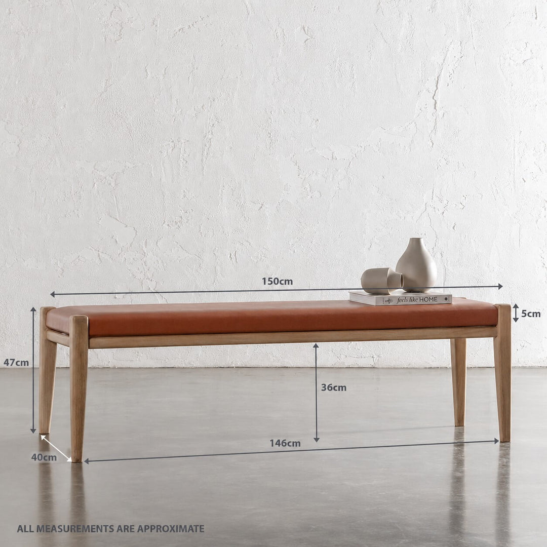 CASONI PADDED BENCH SEAT  |  SMOKE HAZE WASH TEAK + TERRACOTTA DUST LEATHER - MEASUREMENTS