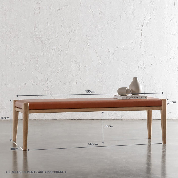 CASONI PADDED BENCH SEAT  |  SMOKE HAZE WASH TEAK + TERRACOTTA DUST LEATHER - MEASUREMENTS