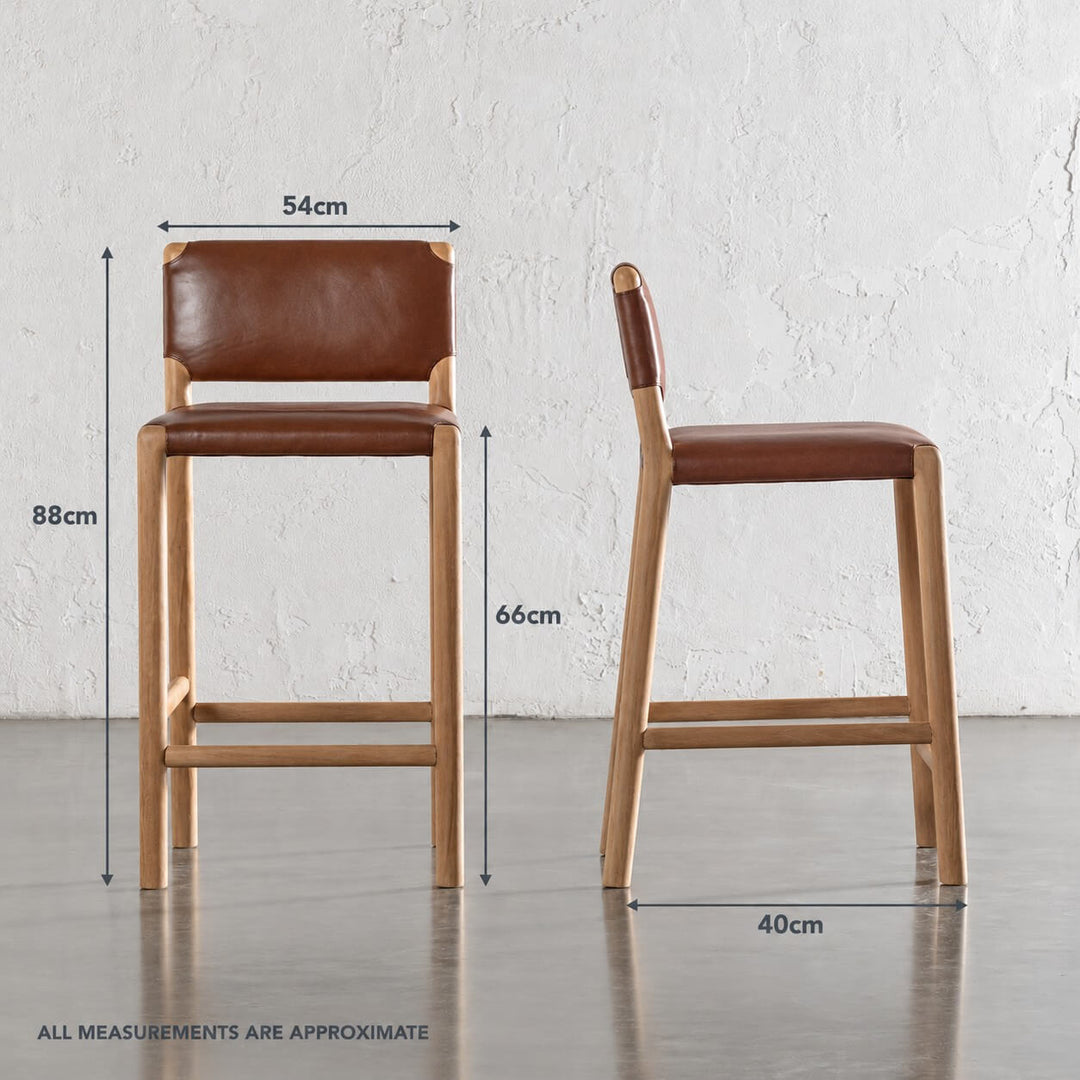 CASONI PADDED BAR CHAIR  |  SMOKE HAZE WASH TEAK + COCOA TAN LEATHER