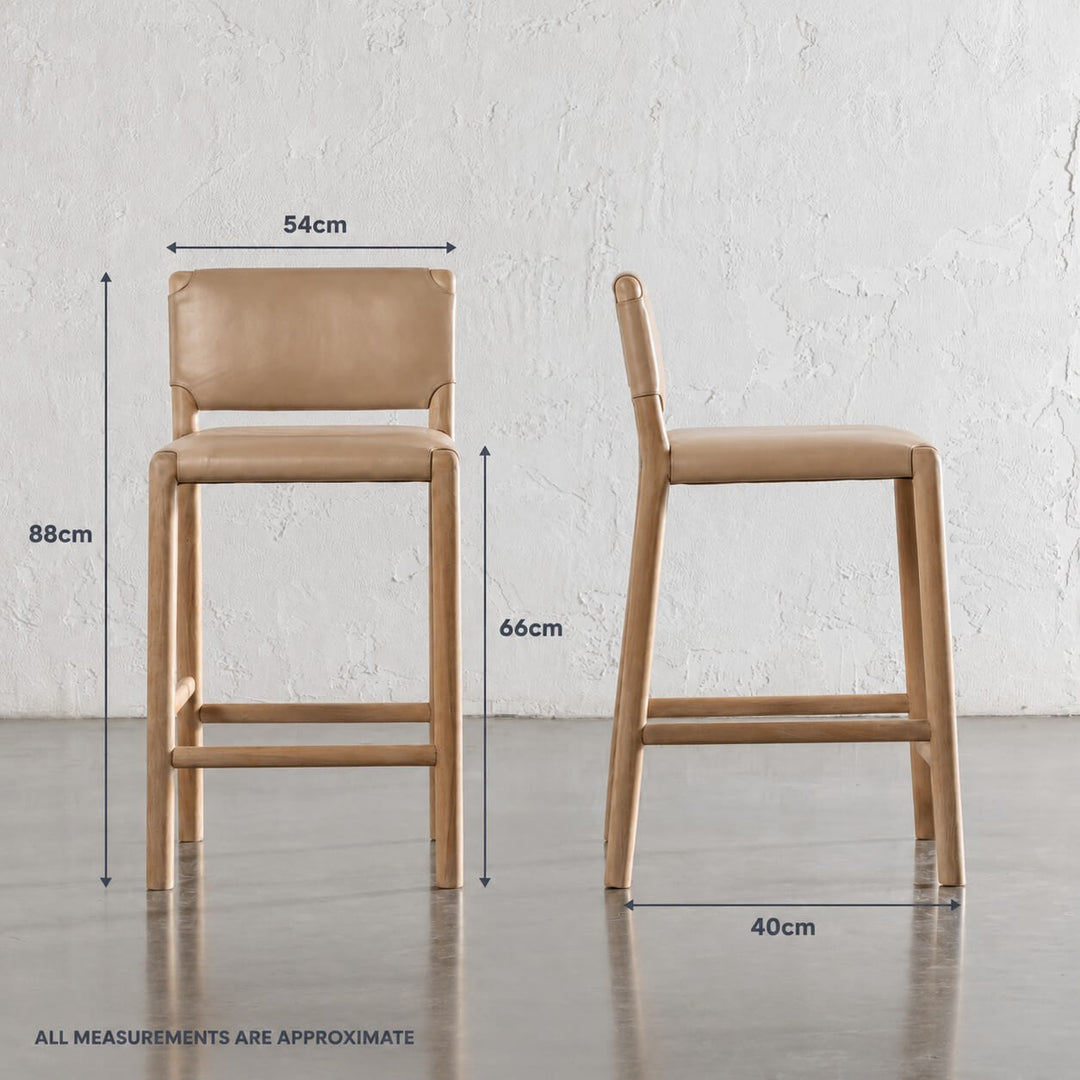 CASONI PADDED BAR CHAIR  |  SMOKE HAZE WASH TEAK + LIGHT TAUPE LEATHER