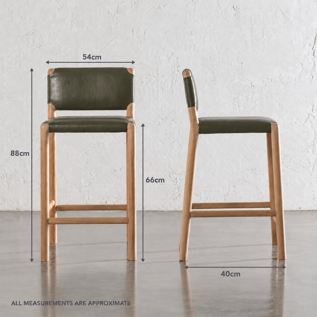 CASONI PADDED BAR CHAIR  |  SMOKE HAZE WASH TEAK + OLIVE LEAF LEATHER -measurements