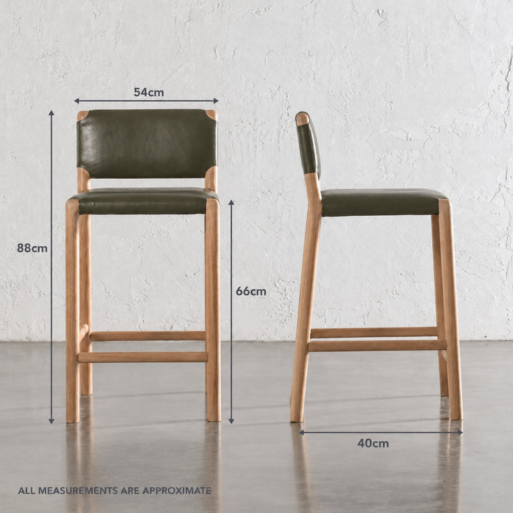 CASONI PADDED BAR CHAIR  |  SMOKE HAZE WASH TEAK + OLIVE LEAF LEATHER -measurements