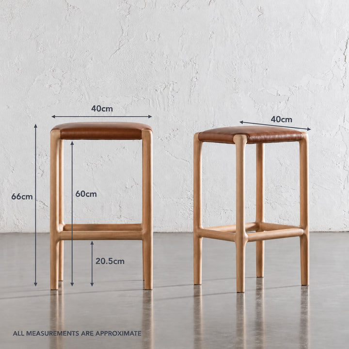 CASONI SQUARE PADDED COUNTER STOOL  |   SMOKE HAZE WASH TEAK + COCOA TAN LEATHER  MEAUREMENTS