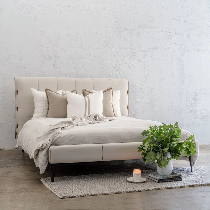 CENOVA BED FRAME  |  ALMOND MILK + SADDLE TAN VEGAN LEATHER