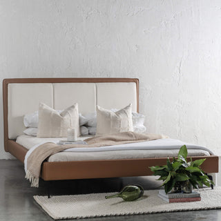 GRANVILLE BED FRAME  |  ALMOND MILK + SADDLE TAN VEGAN LEATHER