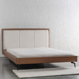 GRANVILLE BED FRAME  |  ALMOND MILK + SADDLE TAN VEGAN LEATHER