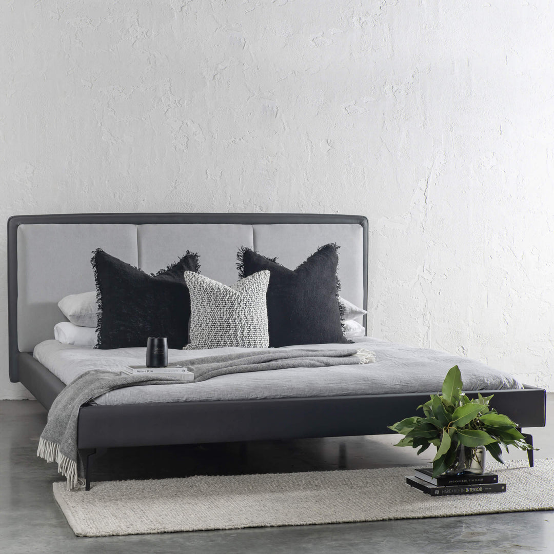 GRANVILLE BED HEAD + FRAME | CASPER GREY + NOIR BLACK VEGAN LEATHER