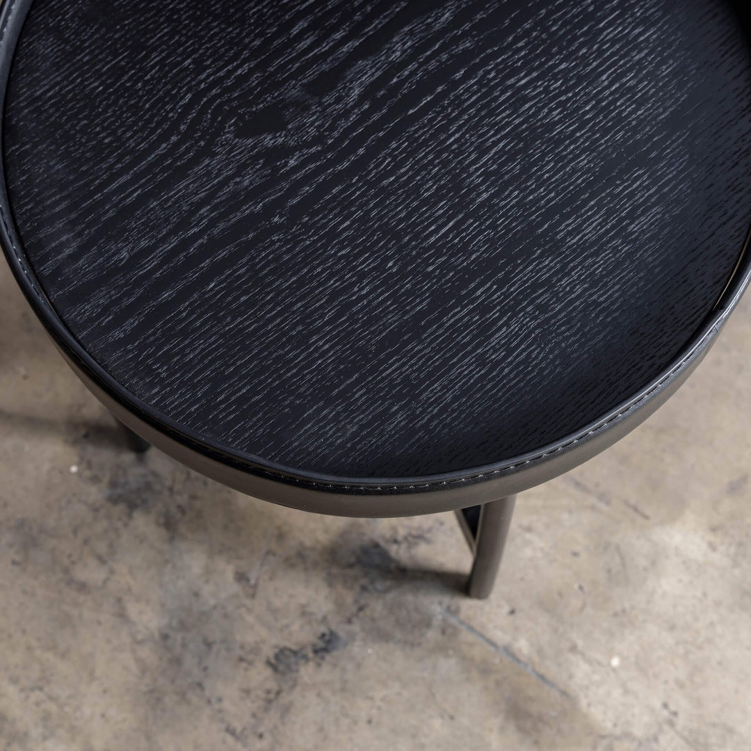 LEGGE COFFEE + TERRACE TABLE SET  |  BLACK WOOD + BLACK LEATHER TRIM