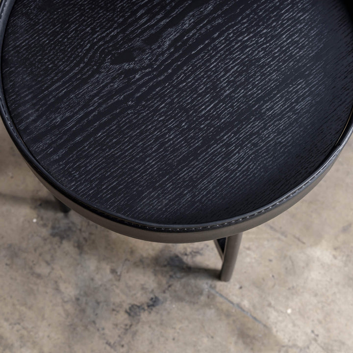 LEGGE COFFEE + TERRACE TABLE SET  |  BLACK WOOD + BLACK LEATHER TRIM