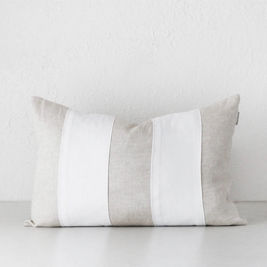 50% FINAL SALE  |  RILEY LINEN PATCH CUSHION  |  40 X 60  |  WHITE + LINEN STRIPE