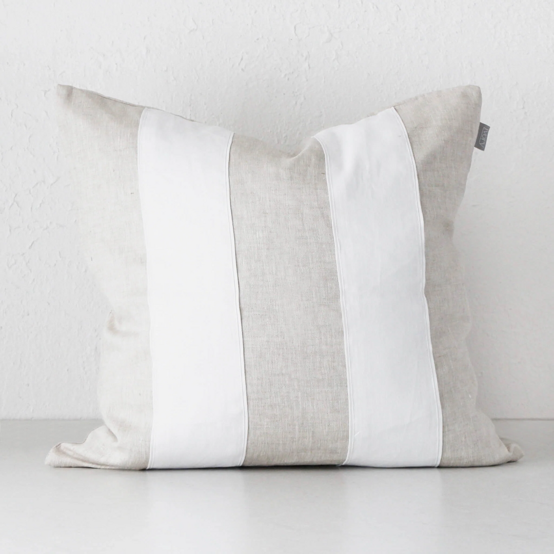 50% FINAL SALE  |  RILEY LINEN PATCH CUSHION  |  55 X 55  |  WHITE + LINEN STRIPE