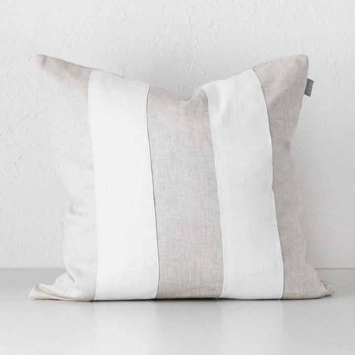 50% FINAL SALE  |  RILEY LINEN PATCH CUSHION  |  55 X 55  |  WHITE + LINEN STRIPE