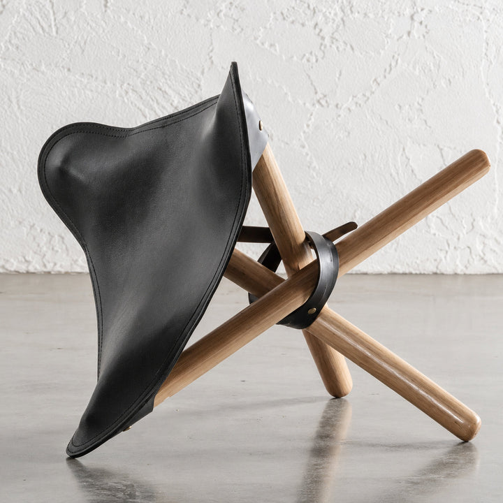 MALAND FOLDUP STOOL  |  NATURAL TEAK + BLACK LEATHER HIDE
