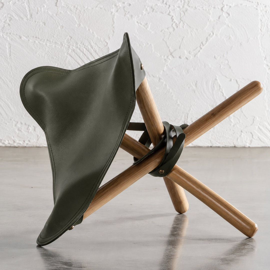 MALAND FOLDUP STOOL  |  NATURAL TEAK + OLIVE LEATHER HIDE