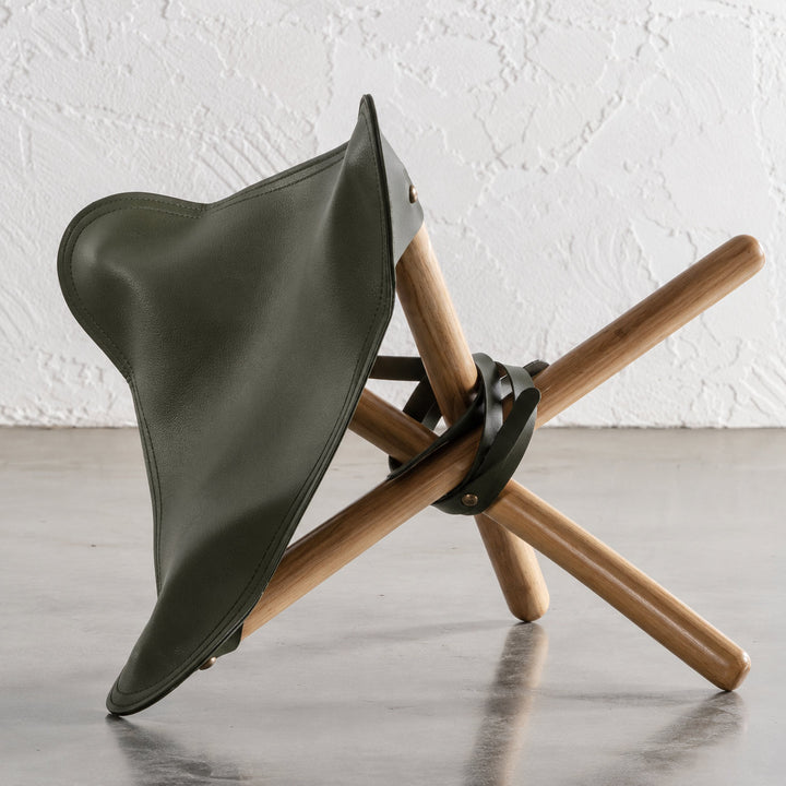 MALAND FOLDUP STOOL  |  NATURAL TEAK + OLIVE LEATHER HIDE