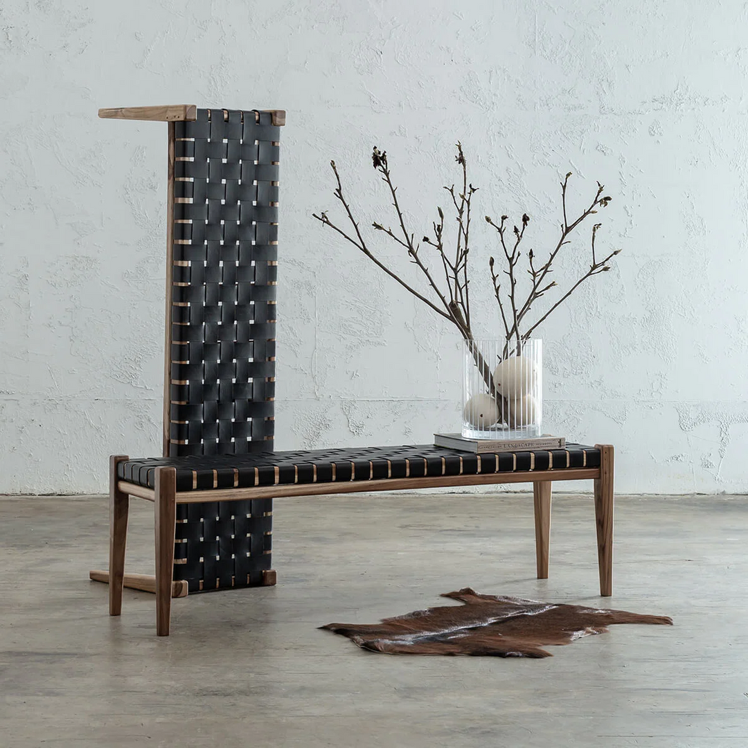 MALAND WOVEN LEATHER BENCH  |  BLACK LEATHER HIDE