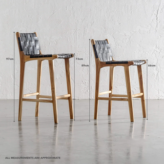 MALAND WOVEN LEATHER BAR CHAIRS  |  HIGH + LOW  |  BLACK LEATHER BAR STOOL WITH MEASUREMENTS