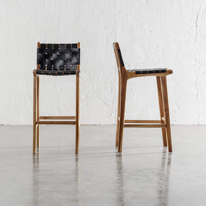 MALAND WOVEN LEATHER BAR CHAIRS   |  HIGH   |  BLACK LEATHER BAR STOOL