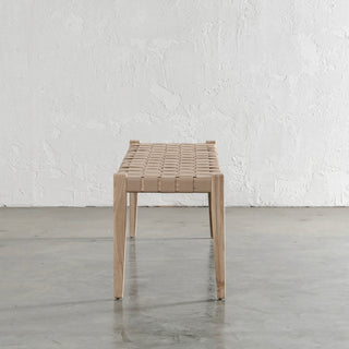 MALAND CONTEMPO WOVEN LEATHER BENCH | BLONDE WOOD + TOASTED ALMOND LEATHER HIDE | END VIEW