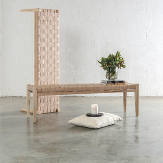 MALAND CONTEMPO WOVEN LEATHER BENCH | BLONDE WOOD + TOASTED ALMOND LEATHER HIDE | STYLED