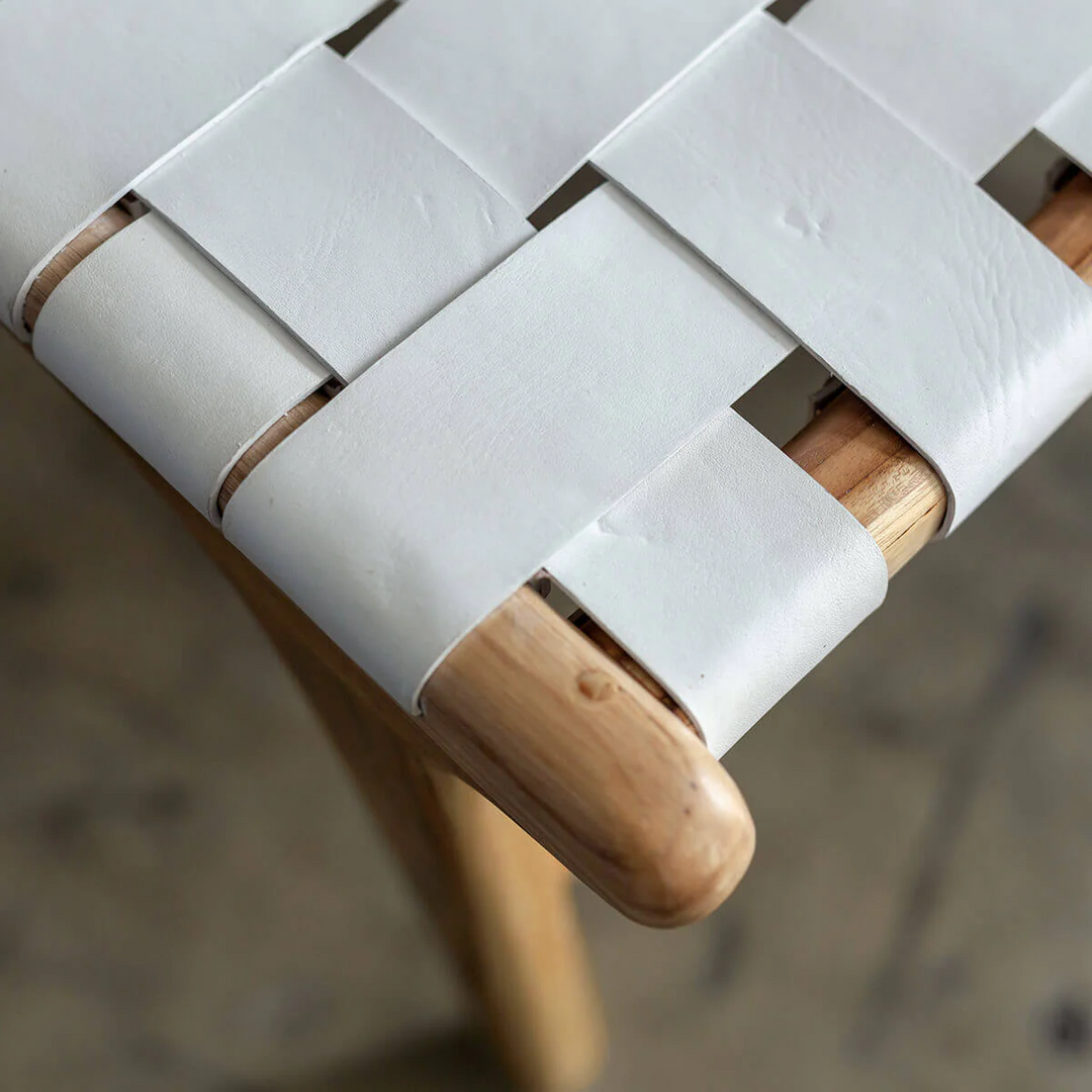 PRE ORDER  |  MALAND WOVEN LEATHER BENCH  |  WHITE LEATHER HIDE