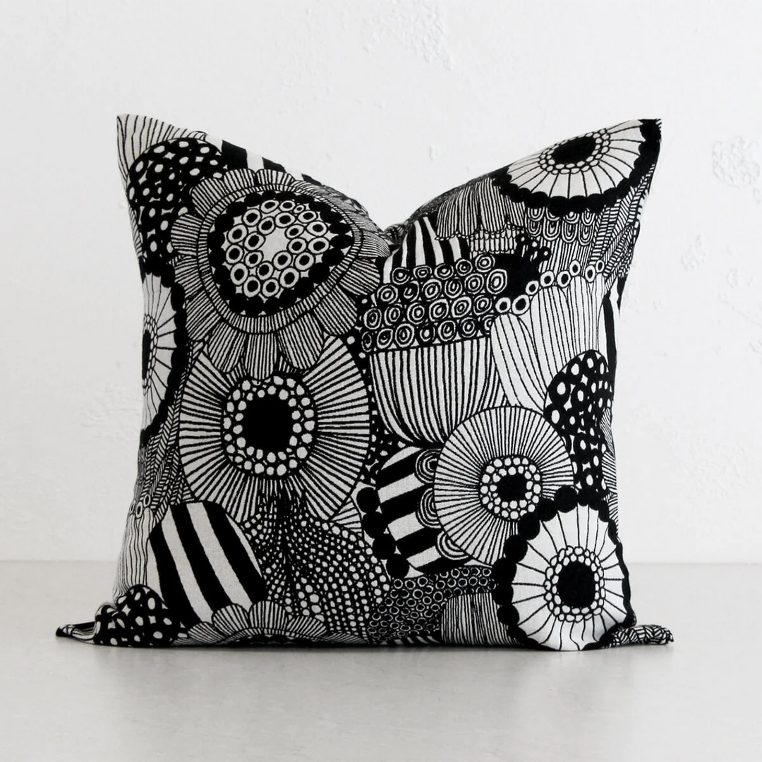 MARIMEKKO  |  PIENI SIIRTOLAPUUTARHA CUSHION  |  50 x 50CM | BLACK + OFF WHITE  |  LTD EDITION AUST EXCLUSIVE