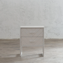 PRE ORDER  |  MAXIM PARQUETRY HERRINGBONE BEDSIDE TABLE  | 2 DRAWERS | WHITE