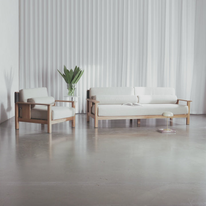 Riva Levante Outdoor 3 Seater Sofa + Armchair _ Portland Stone + Black Noir Rope _ Natural Teak Frame