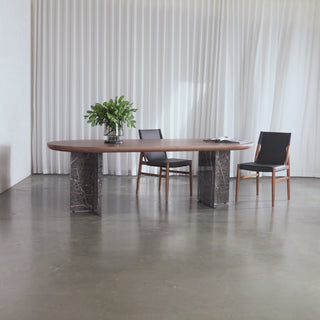 TOULON MARBLE DINING TABLE  |   240CM + 270CM  |  DEEP WALNUT WOOD GRAIN  |  PIETRA DARK GREY MARBLE