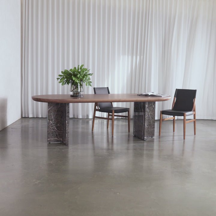 TOULON MARBLE DINING TABLE  |   240CM + 270CM  |  DEEP WALNUT WOOD GRAIN  |  PIETRA DARK GREY MARBLE